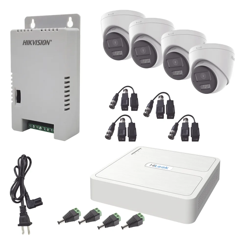 Kit HiLook Audio Bidireccional TurboHD 1080p / DVR 4 Canales / 4 Cámaras Eyeball (Exterior) con Bocina y Microfóno Integrado / 1 Fuente de Poder / Accesorios