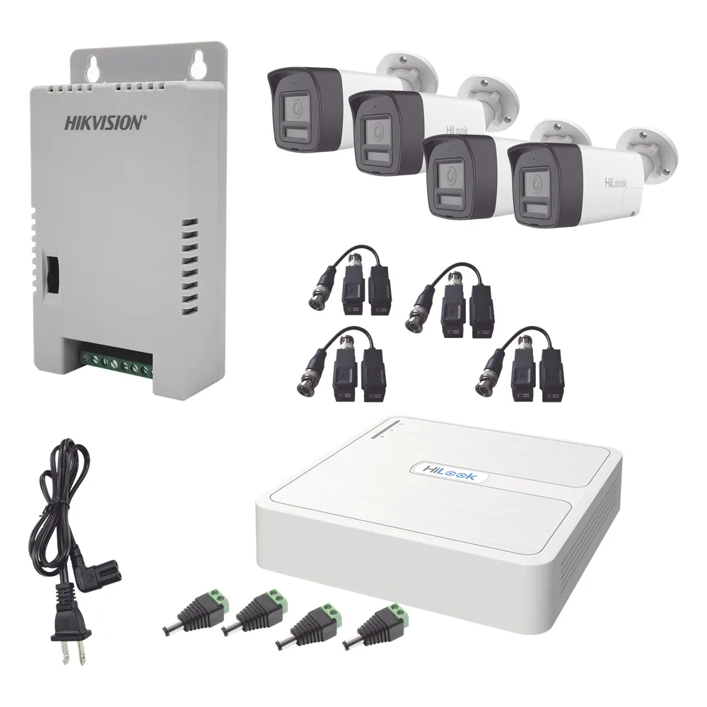 Kit HiLook Audio Bidireccional TurboHD 1080p / DVR Metalico 4 Canales / 4 Cámaras Bala (Exterior) con Bocina y Micrófono Integrado / 1 Fuente de Poder / Accesorios