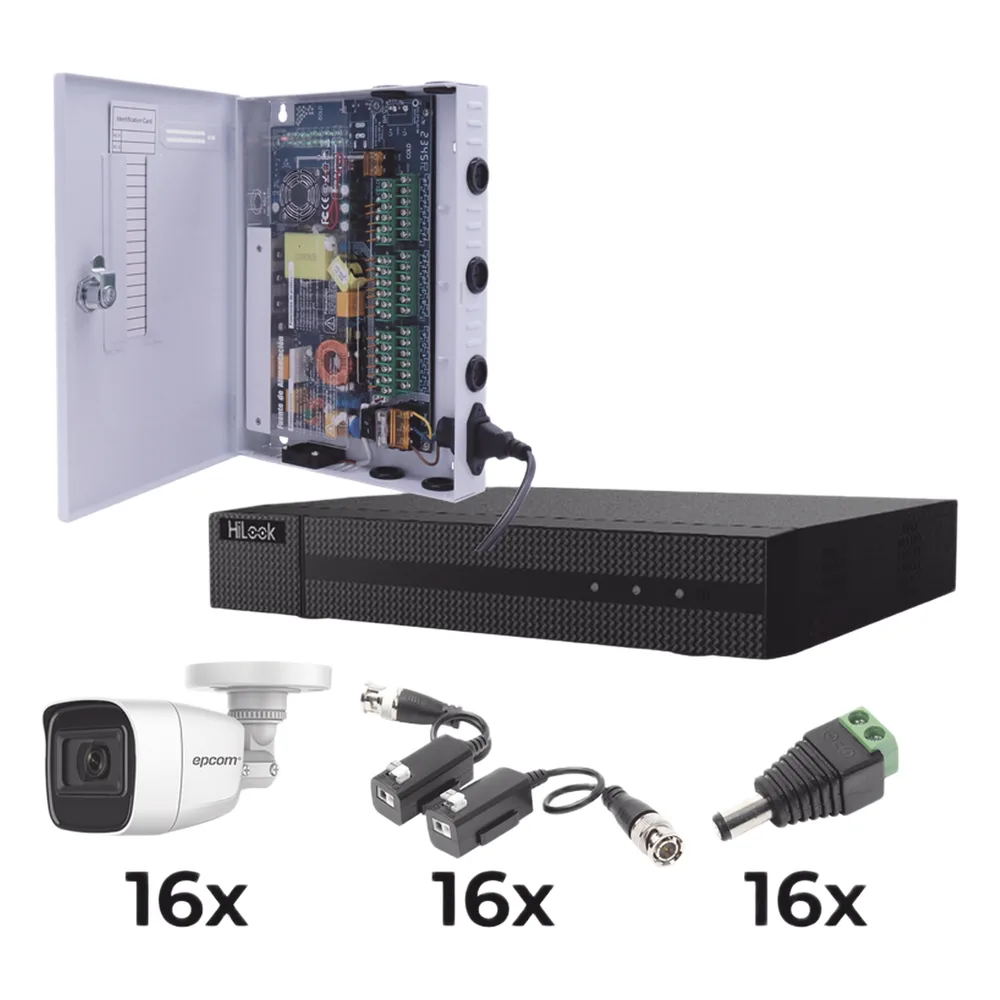 KIT TurboHD 1080p / DVR 16 Canales / 16 Cámaras Bala Policarbonato con Microfono (exterior 2.8 mm) / Transceptores / Conectores / Fuente de Poder Profesional