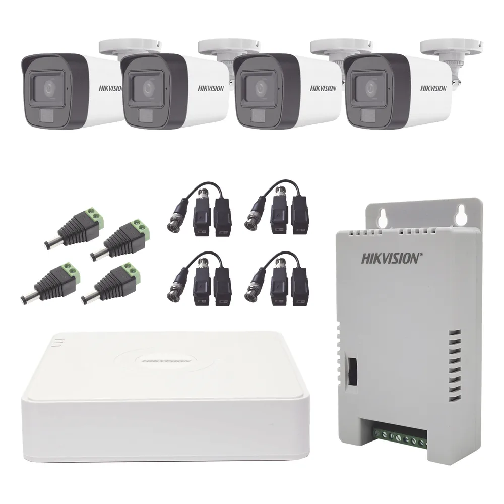 Kit TURBOHD 1080p / DVR 4 Canales / 4 Cámaras con Micrófono Integrado y 101° Visión / Luz Blanca + IR Visión Nocturna / Transceptores / Conectores / Fuente de Poder Profesional Compacta