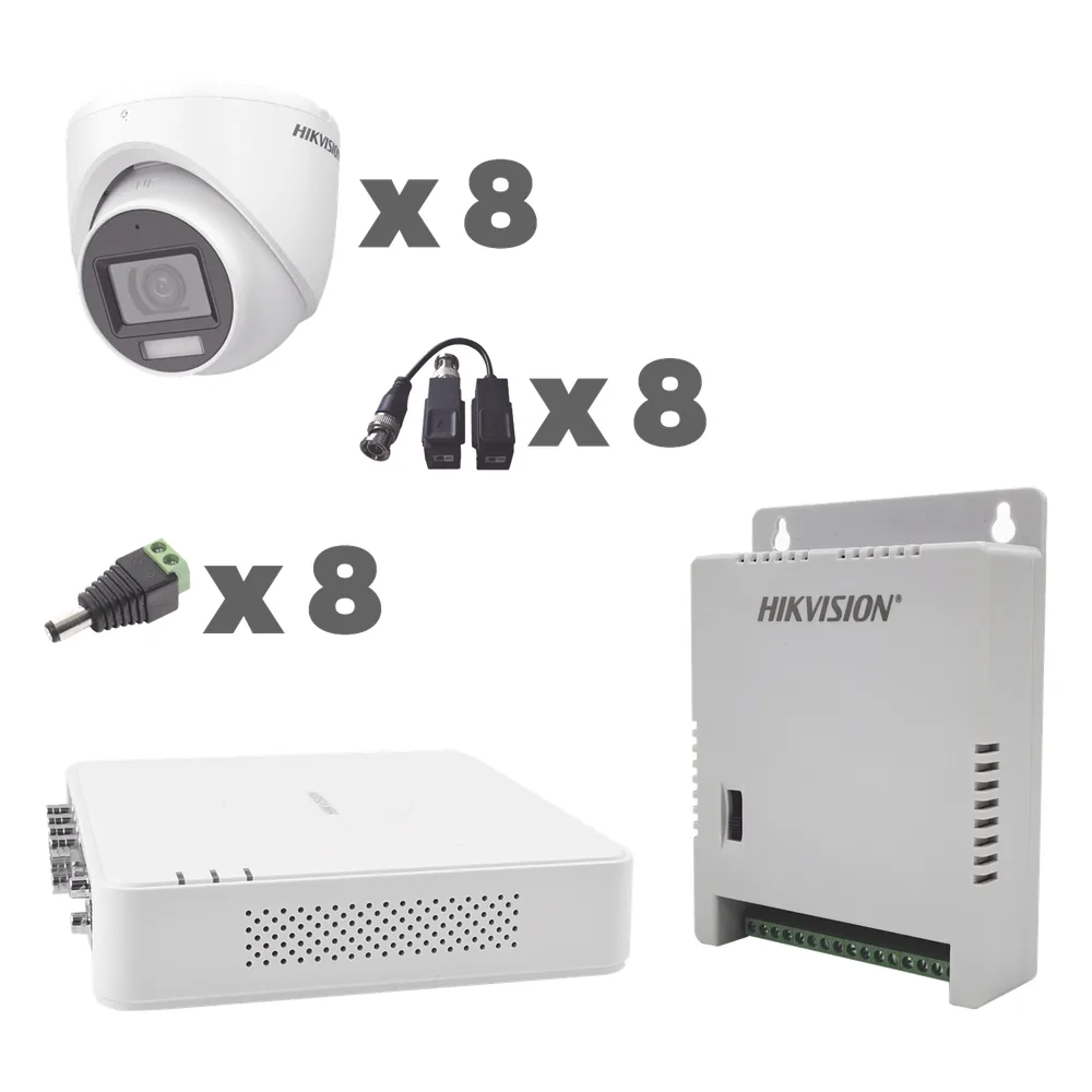 KIT TurboHD 1080p / DVR 8 Canales con audio por coaxitron / 8 Cámaras con Micrófono Integrado 101° Visión/ luz blanca + IR visión nocturna / Transceptores / Conectores / Fuente de Poder Profesional