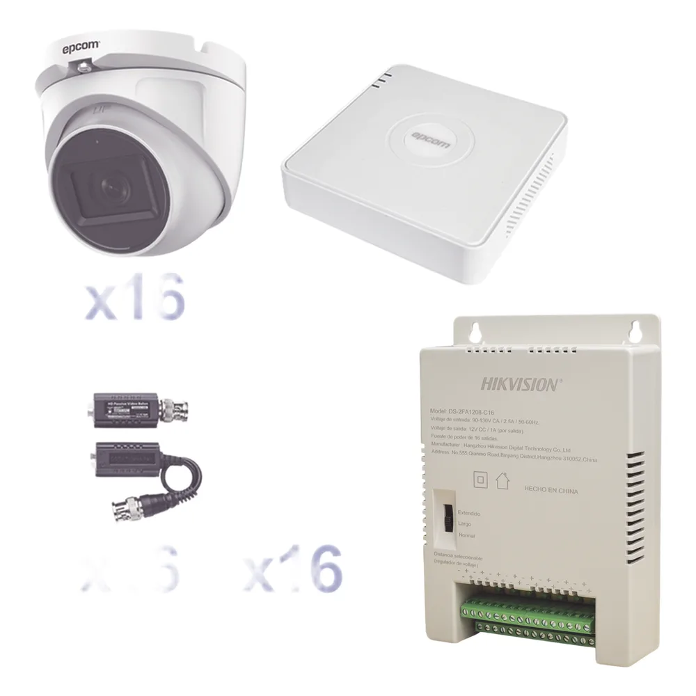 KIT TurboHD 1080p Lite / DVR 16 Canales / 16 Cámaras Eyeball Exterior ( 2.8mm) / Transceptores / Conectores / Fuente de Poder Profesional