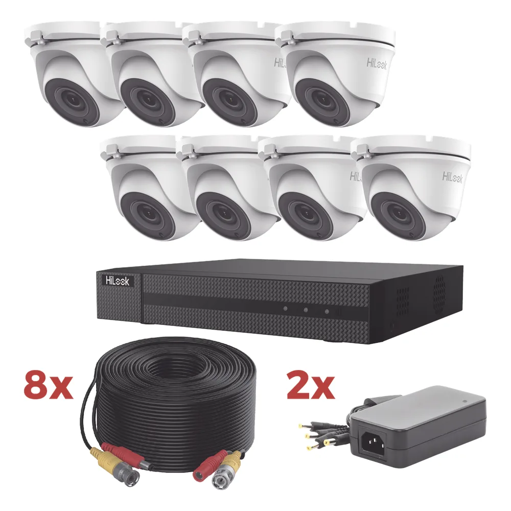 Kit TurboHD / DVR 8 Canales 1080p Lite / 8 Cámaras turret 1080p metalicas / 8 cables de 20 metros / 2 fuentes de 4 canales