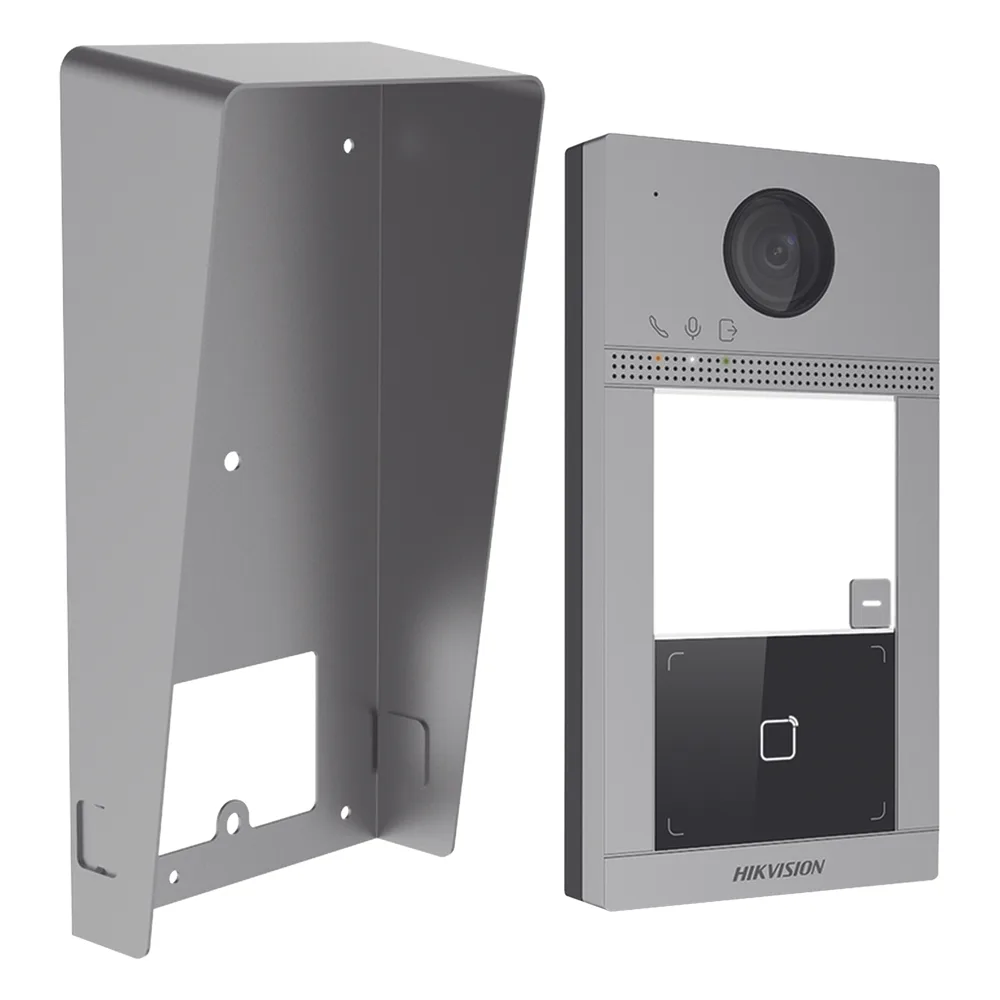 Kit Videoportero + Carcasa protectora IP 2 Megapixel / Llamada y Apertura Remota desde App Hik-Connect / PoE / Exterior IP65 + Antivandalico IK08 / 1 Departamento / Apertura con Tarjeta / Soporta 2 Puertas y hasta 6 Monitores