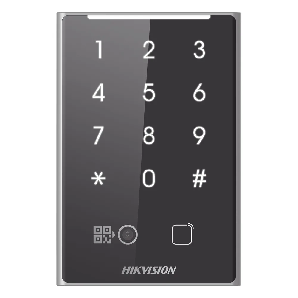 Lector de Tarjetas PROX EM y de Códigos QR / Teclado para Contraseña / Compatible con Controladores DSK2600 Series Hikvision / Comunicación RS485 y WIEGAND / IP65