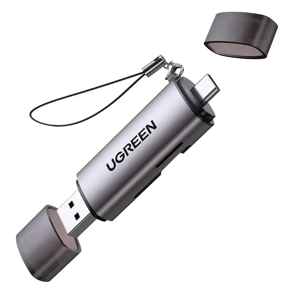 Lector de Tarjetas USB-C + USB-A a MicroSD (TF)/SD | OTG | USB-C 3.1 | 5Gbps | Soporta hasta 2TB | Soporta Windows/Mac OS/Linux/Android | Lectura de Tarjetas Simultánea | Caja de Aluminio | Llavero Anti-perdida.