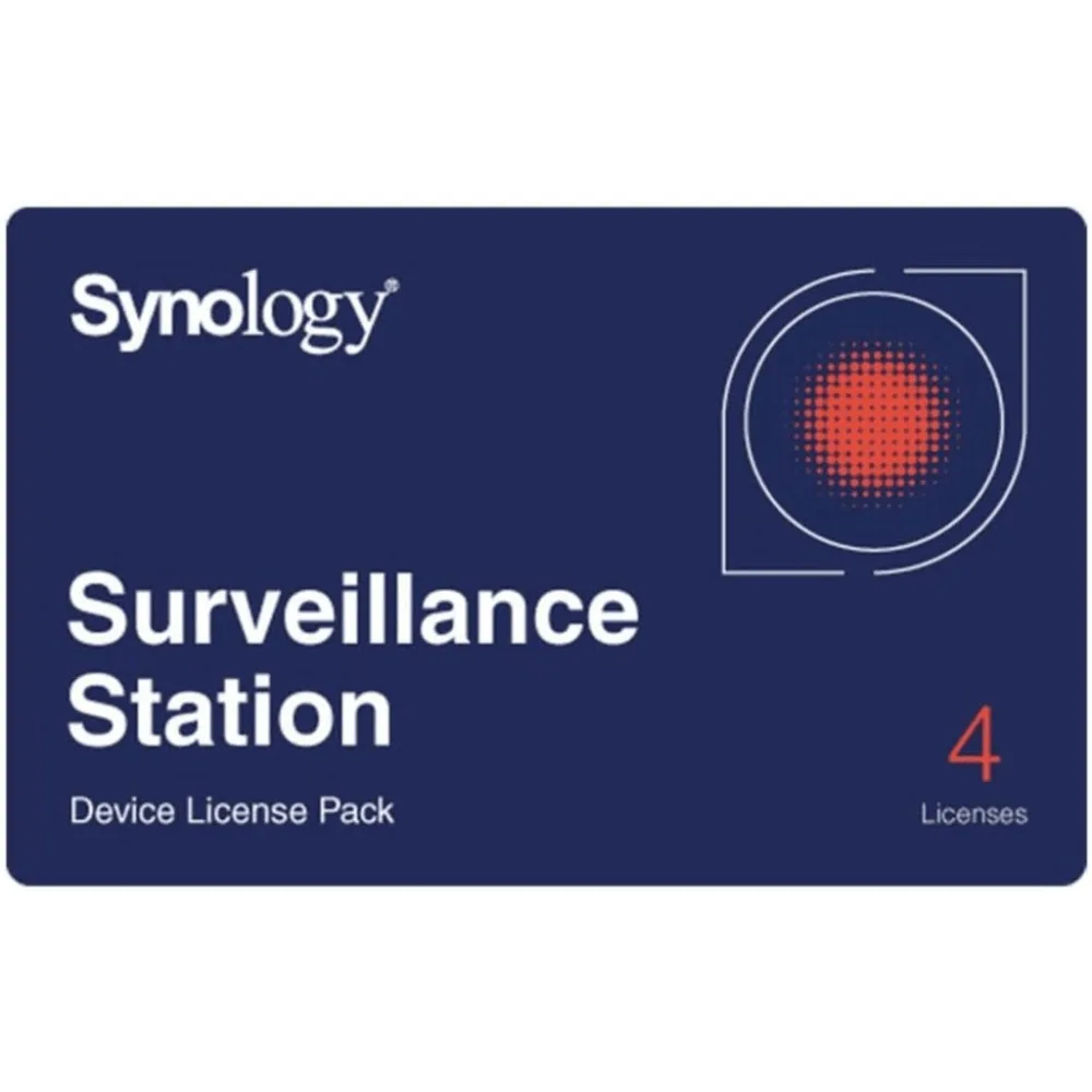 Licencias de Dispositivos de Vigilancia Synology | Paquete de 4 Licencias | Compatibilidad con Cámaras IP, Módulos de E/S, Altavoces IP | Gestión Centralizada CMS | Licencias Predeterminadas Incluidas.