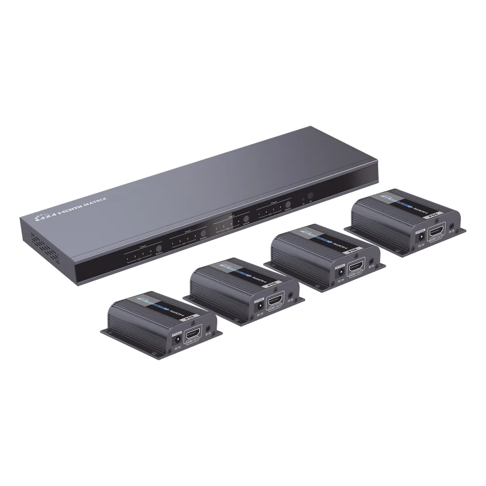 MATRICIAL Y EXTENSOR DE VIDEO HDMI 4 x 4 / 4 Entradas HDMI / 4 Salidas HDMI Loop / 4 Salidas RJ45 para Extender la señal 40 metros por salida  /  1080 @ 60Hz / Conmutación por RS232, Control Remoto o Ethernet.