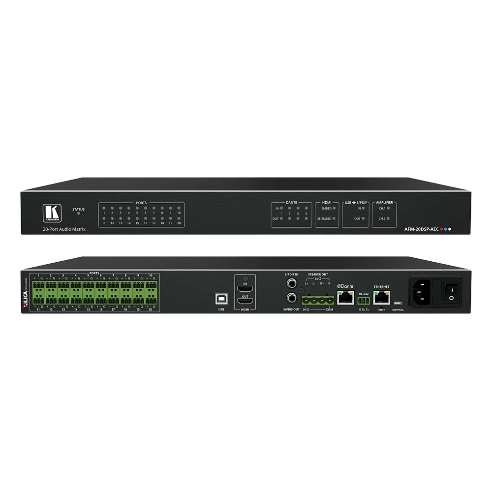 Matriz de Audio Digital | 20 Puertos Analógicos Configurables | DSP Multicanal | AEC | Amplificador 2x60W + 1x120W | Dante 4x4 | HDMI 4K60 | USB Plug & Play | Montaje Rack 1U