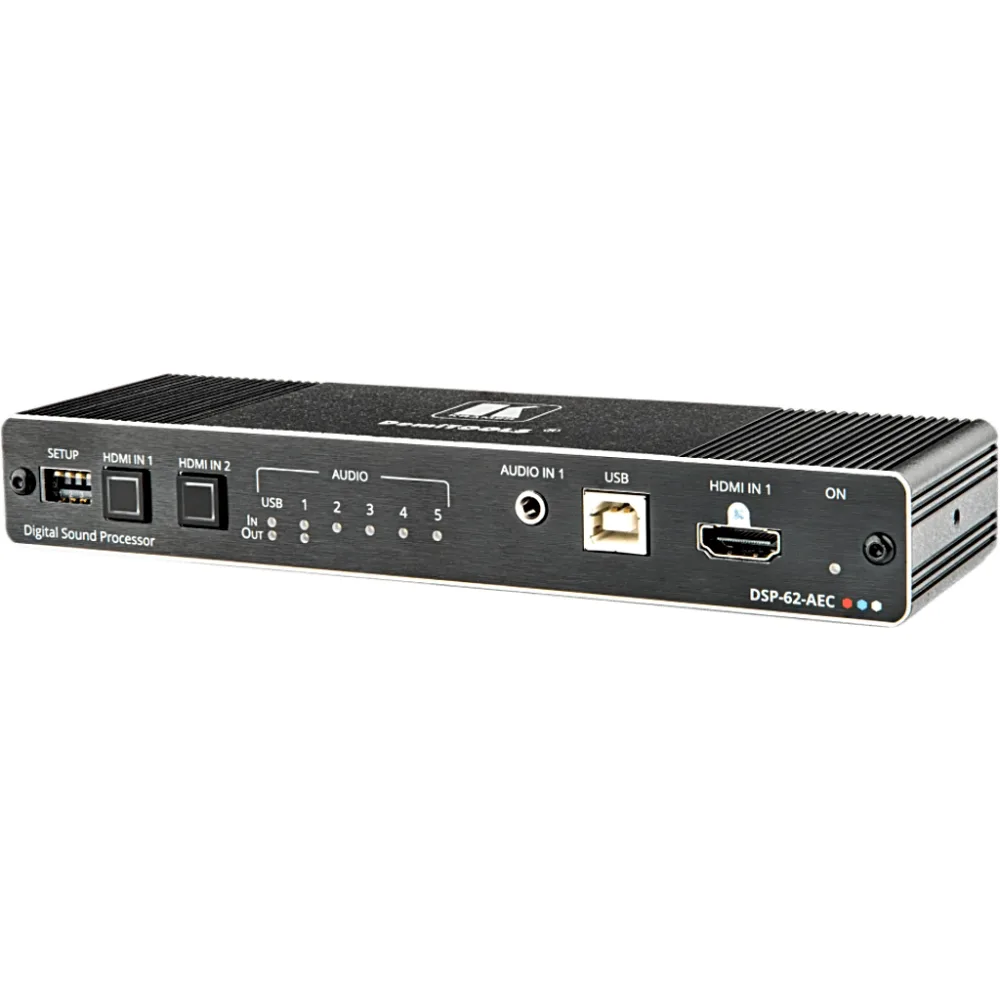Matriz de Audio DSP 6x2 | DSP Multicanal | Cancelación de Eco Acústico AEC | De-embedding HDMI | Interfaz USB Audio Clase Compatible | 4K@60Hz (4:4:4) | PoE o Adaptador 12V DC | Carcasa DemiTOOLS – vista 2