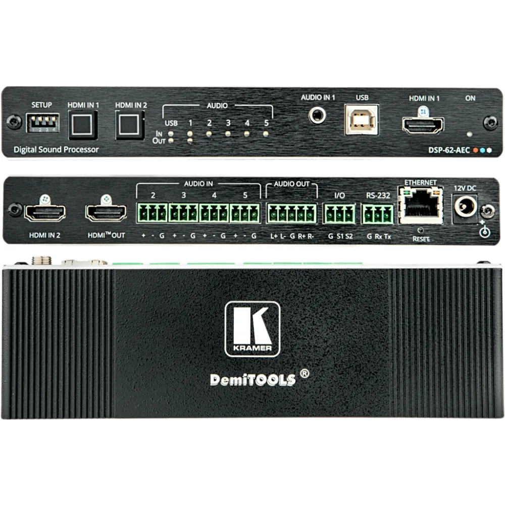 Matriz de Audio DSP 6x2 | DSP Multicanal | Cancelación de Eco Acústico AEC | De-embedding HDMI | Interfaz USB Audio Clase Compatible | 4K@60Hz (4:4:4) | PoE o Adaptador 12V DC | Carcasa DemiTOOLS