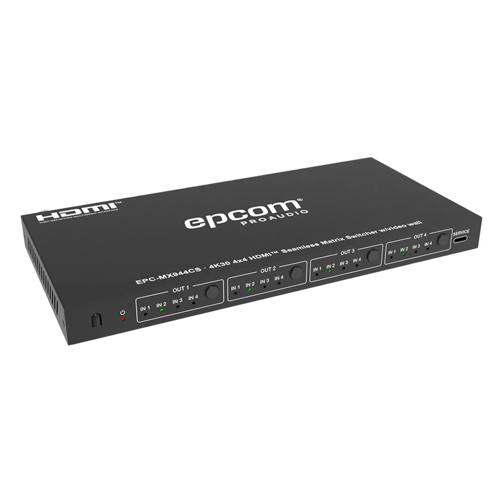 Matriz de Video HDMI 4x4 | Ancho de Banda 10.2 Gbps | Resolución 4K@30Hz | Escalado a 1080P, 720P, 1920x1200, 4K30 | Modos Matriz y Video Wall | Control RS-232 y Remoto Infrared