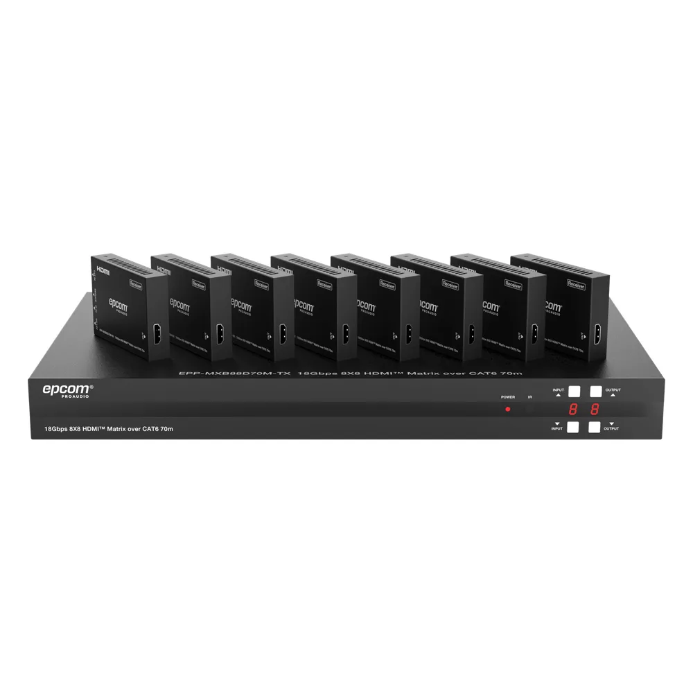 Matriz HDMI 8x8 | 4K@60Hz 4:4:4 | 8 Salidas HDMI + 8 CAT | Extensión hasta 70 m | Audio HD | Control IR/LAN/RS-232/Web GUI