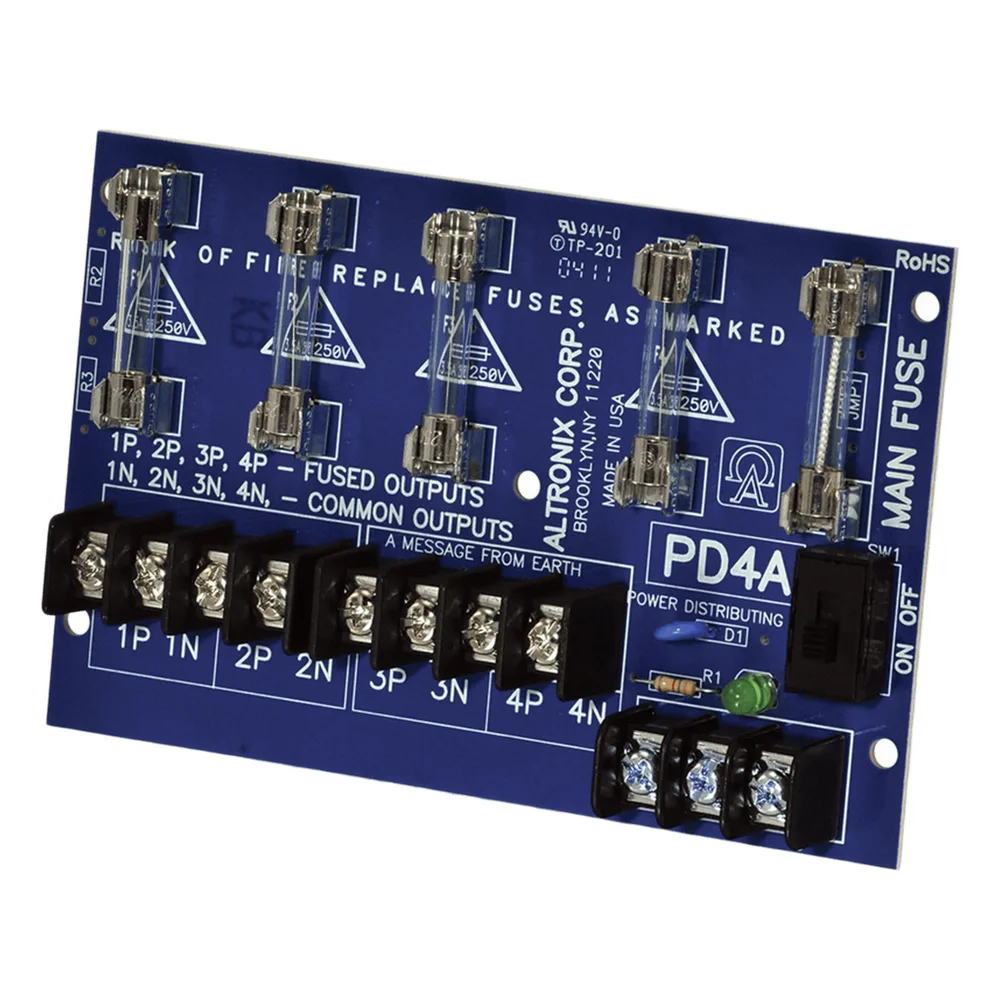 Módulo Distribuidor de Energía / 4 Salidas con Fusible 2.5A / Entrada 28VAC o 28VDC hasta 10A / Fusibles 3.5A/250V / LED Indicador por Salida / Montaje Compacto