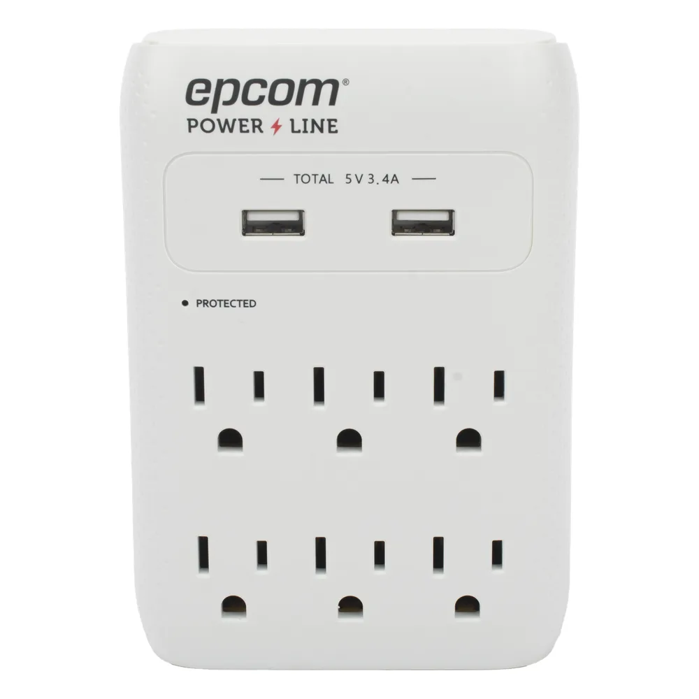 Multicontacto de Pared 110 Vca / Supresor de Picos 1080 Joules / 6 x Nema 5-15P / 2 x USB (5V @3.4A)
