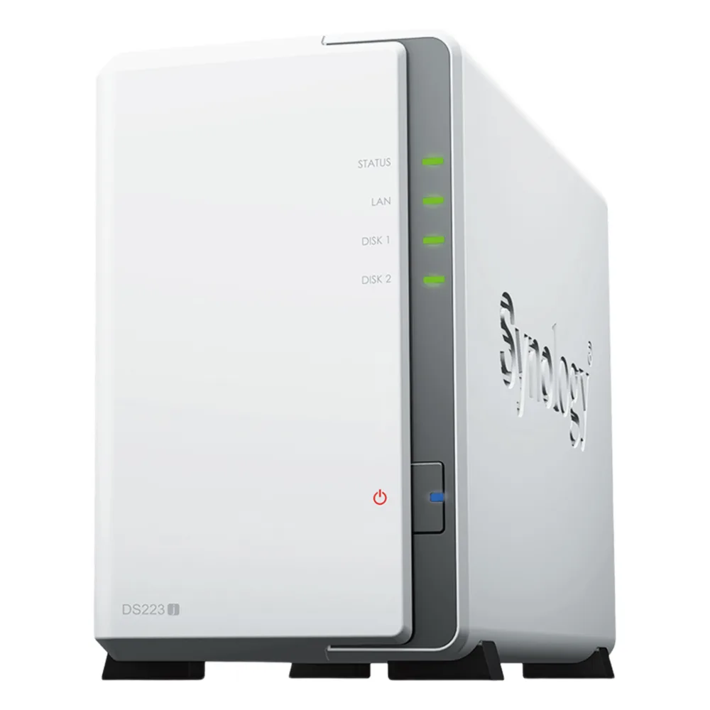 NAS DiskStation DS223j | 2 Bahías | CPU Realtek RTD1619B 1.7 GHz | 1 GB DDR4 | Puerto 1GbE RJ-45 | USB 3.2 Gen 1 | Compatible con HDD y SSD | Synology DSM | RAID 0, 1, JBOD | SMB, AFP, NFS, FTP | Vigilancia IP