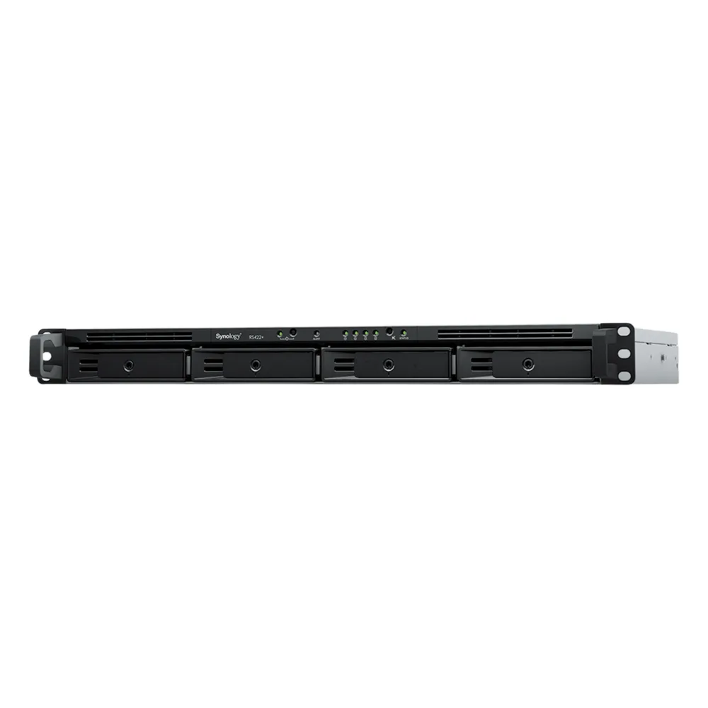 NAS RackStation RS822+ | 4 Bahías | 1U | AMD Ryzen V1500B | 32 GB DDR4 ECC | 4 Puertos 1GbE | Expansión PCIe | Compatible con SSD NVMe | Sistema Operativo Synology DSM.