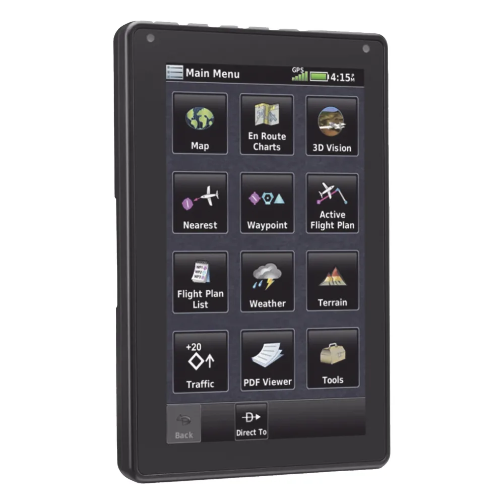 Navegador portátil aera 760, muestra información de trafico aéreo y una excelente visualización por medio de su  pantalla con visión 3D  touch screen. – vista 2