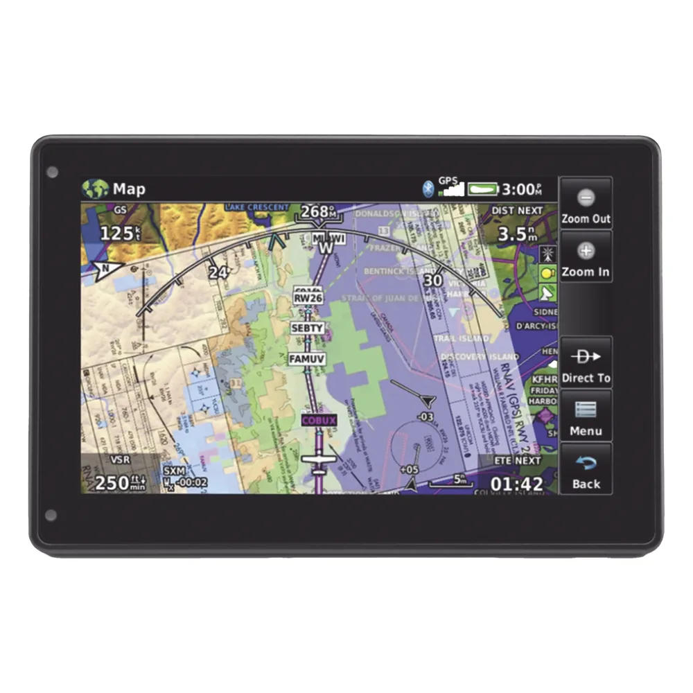 Navegador portátil aera 760, muestra información de trafico aéreo y una excelente visualización por medio de su  pantalla con visión 3D  touch screen. – vista 3