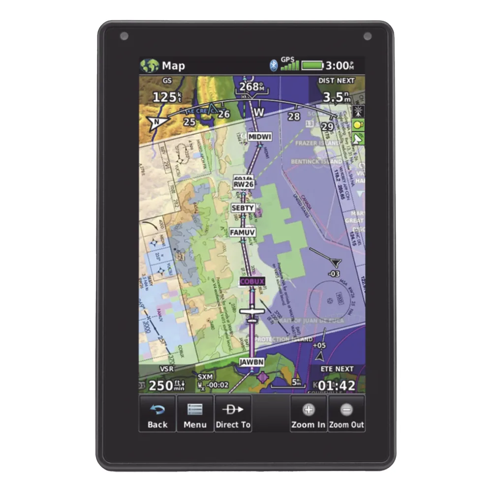 Navegador portátil aera 760, muestra información de trafico aéreo y una excelente visualización por medio de su  pantalla con visión 3D  touch screen.