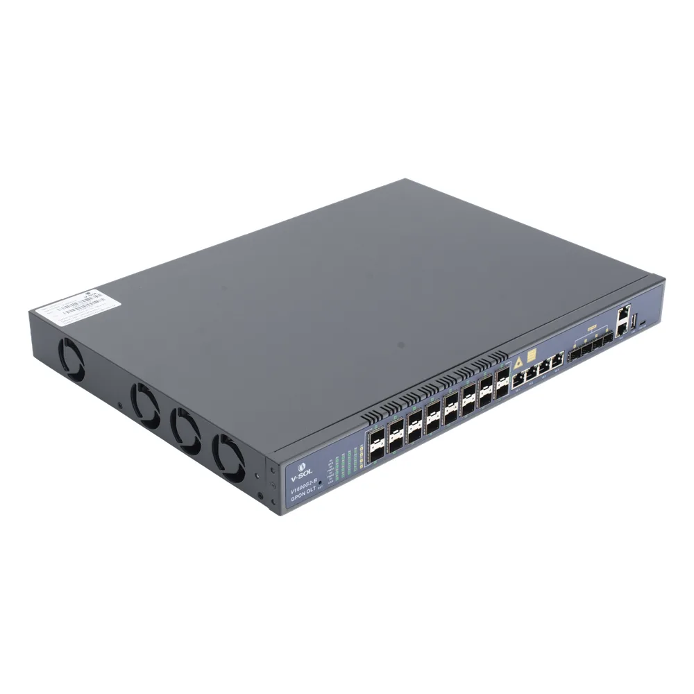 OLT de 16 puertos GPON con 8 puertos Uplink (4 puertos Gigabit Ethernet + 4 puertos SFP / puertos SFP+) hasta 2,048 ONUs – vista 3