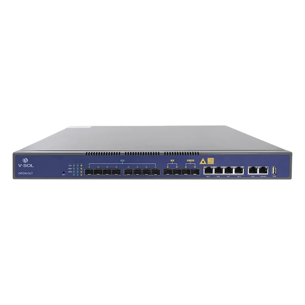 OLT de 8 puertos GPON con 8 puertos Uplink (4 puertos Gigabit Ethernet + 2 puertos SFP + 2 puertos SFP+) hasta 1,024 ONUs