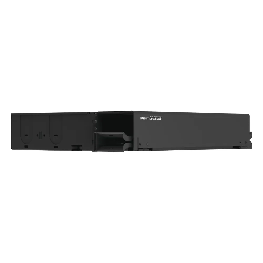 Panel de Distribución de Fibra Óptica, Acepta 8 Placas FAP o FMP, Bandeja Deslizable, Hasta 96 Fibras, Color Negro, 2 UR – vista 3