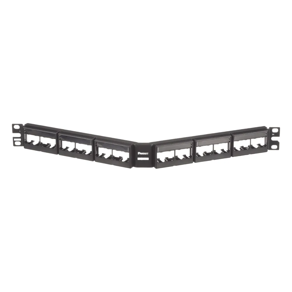 Panel de Parcheo Modular Mini-Com (Sin Conectores), Angulado, Sin Blindaje, Con Etiqueta y Cubierta, de 24 Puertos, 1UR