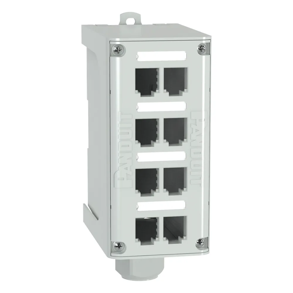 Panel de Parcheo Modular para Fibra Óptica, de Instalación en Riel DIN Estándar de 35mm, 8 Puertos Mini-Com, Color Gris
