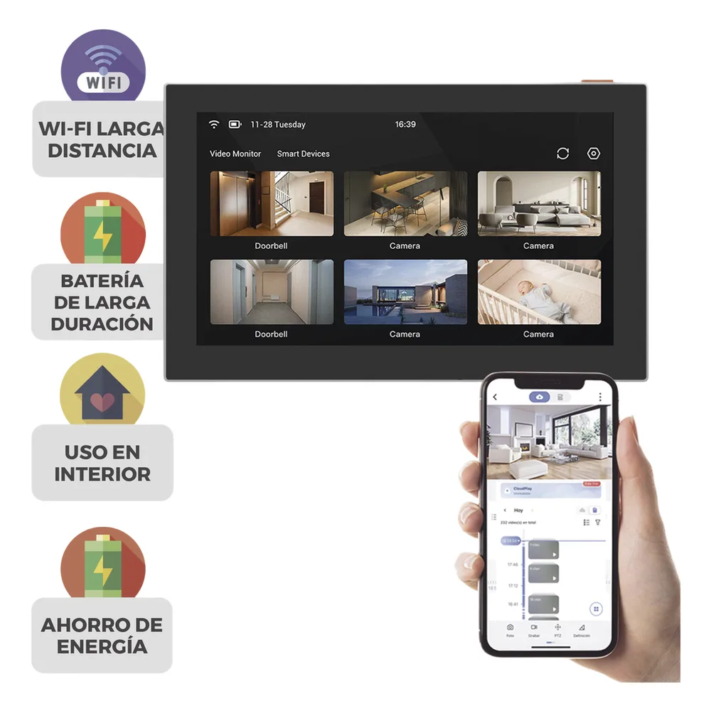 Pantalla Inalámbrica / Con Batería Recargable 4600mAh / Wi-Fi / Ideal Para Escritorio o Pared / Vista en Vivo de Cámaras EZVIZ / Compatible con Videoportero CS-HP7 para ver Cámara y Apertura Remota / Audio de Dos Vías