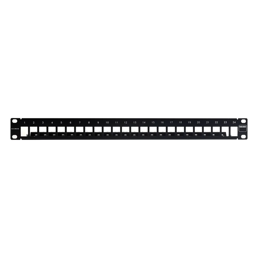 Patch Panel TERA-MAX Blindado de 24 Puertos, Modular (Vacío), Plano, Color Negro, 1UR