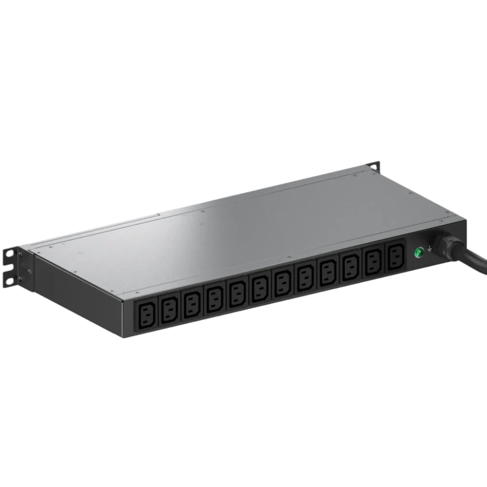 PDU ES2P Monitoreable (MI) para Distribución de Energía, Enchufe de Entrada NEMA L6-20P, Con 12 Salidas C13, Horizontal 19in, 120 Vca, 20 Amp, 1 UR