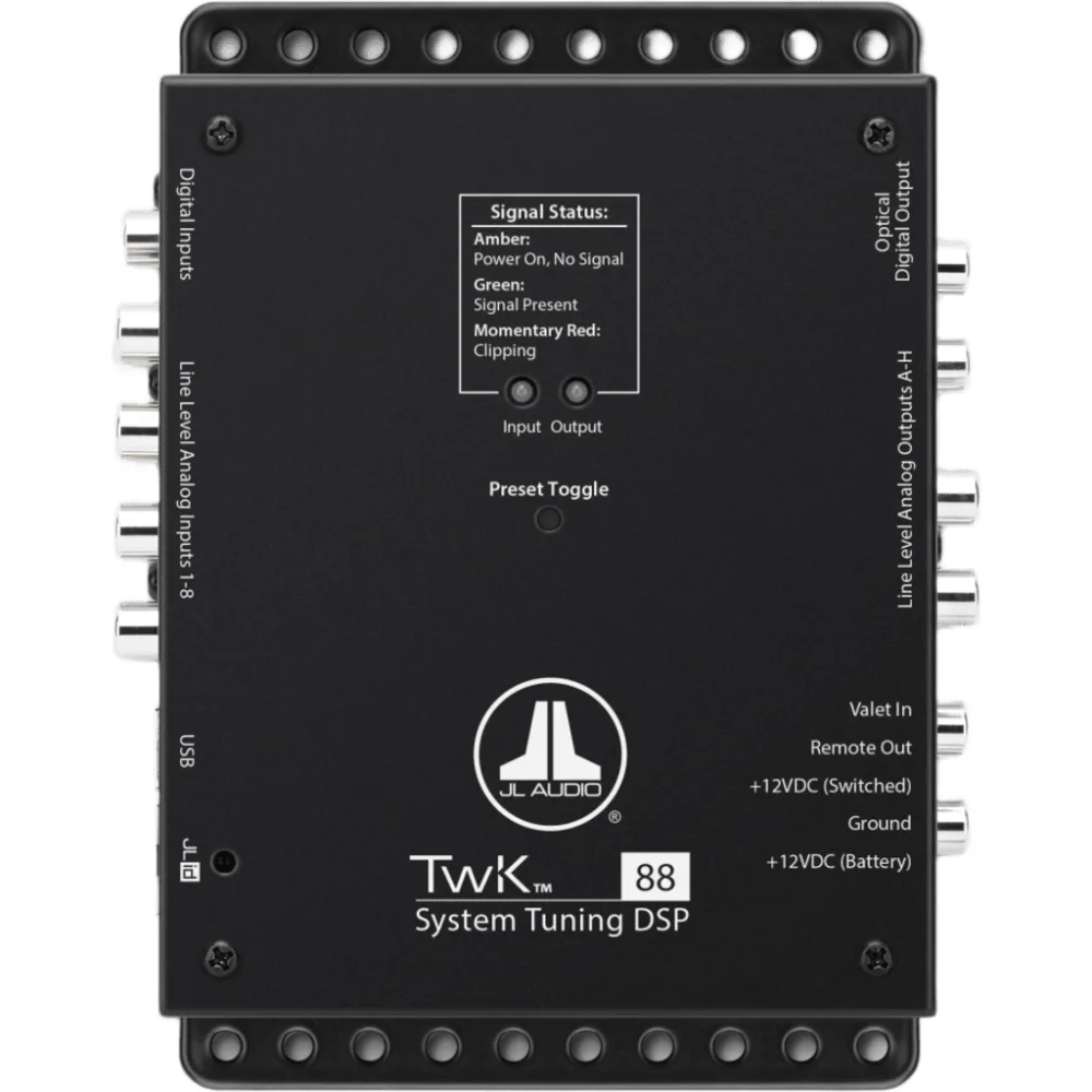 Procesador de Señal Digital (DSP) / 8 Canales de Entrada y 8 de Salida / Resolución 24 bit/48 kHz / Ajuste de Sistemas JL Audio TwK / Control de Nivel Remoto DRC-200 / Salida Óptica Toslink S/PDIF / Entrada Digital TwK-D8 – vista 2