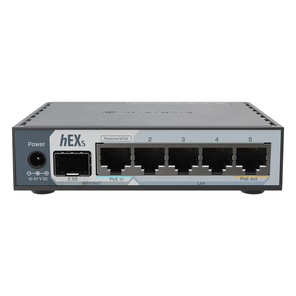 Router hEX S / 5 Puertos Gigabit Ethernet / 1 Puerto SFP 2.5G / Dual-Core ARM / 512 MB RAM / RouterOS V7 / PoE-In y PoE-Out / Montaje en Pared – vista 2