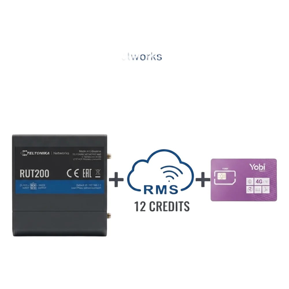 Router Teltonika LTE/4G RUT200 + 12 creditos RMS  + SIM de YOBI de 1GB por Mes durante un año de servicio (solo datos)