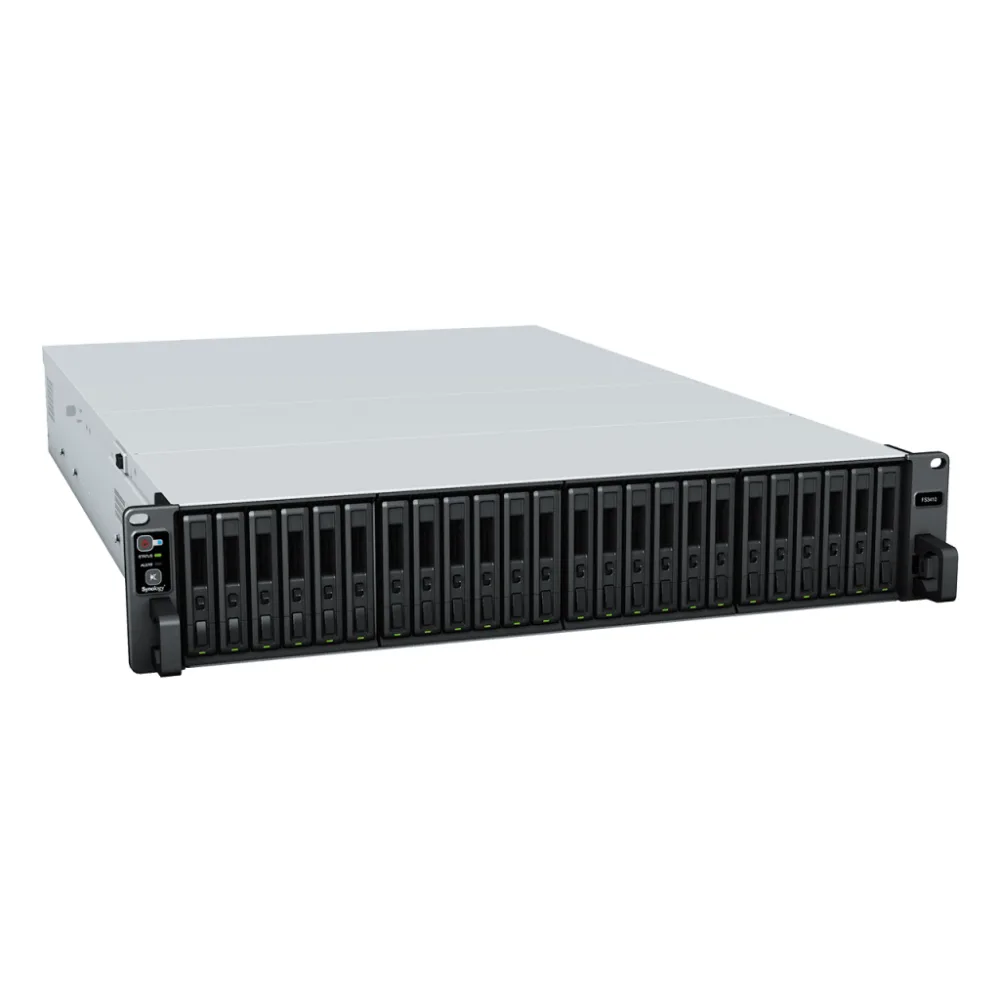 Servidor de Almacenamiento FlashStation FS3410 | 24 Bahías SSD SATA 2.5" | Intel Xeon D-1541 8 Núcleos | 16 GB RAM (Ampliable a 128 GB) | 356,500 IOPS Lectura | 129,400 IOPS Escritura | 4 Puertos 1GbE + 2 Puertos 10GbE – vista 3