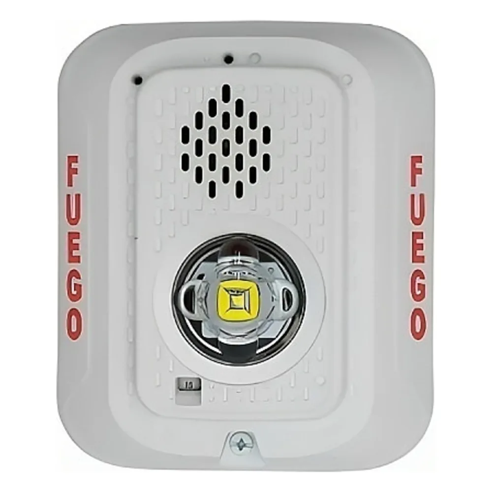 Sirena con Lámpara LED Estroboscópica / a 2 Hilos / Montaje en Pared / 24 Vcd / Configuración Estroboscópica Seleccionable / Texto en Español / Color Blanca – vista 2