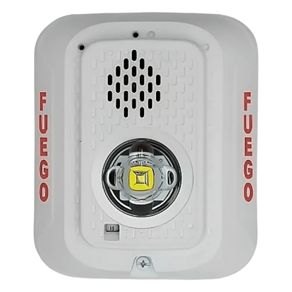Sirena con Lámpara LED Estroboscópica / a 2 Hilos / Montaje en Pared / 24 Vcd / Configuración Estroboscópica Seleccionable / Texto en Español / Color Blanca