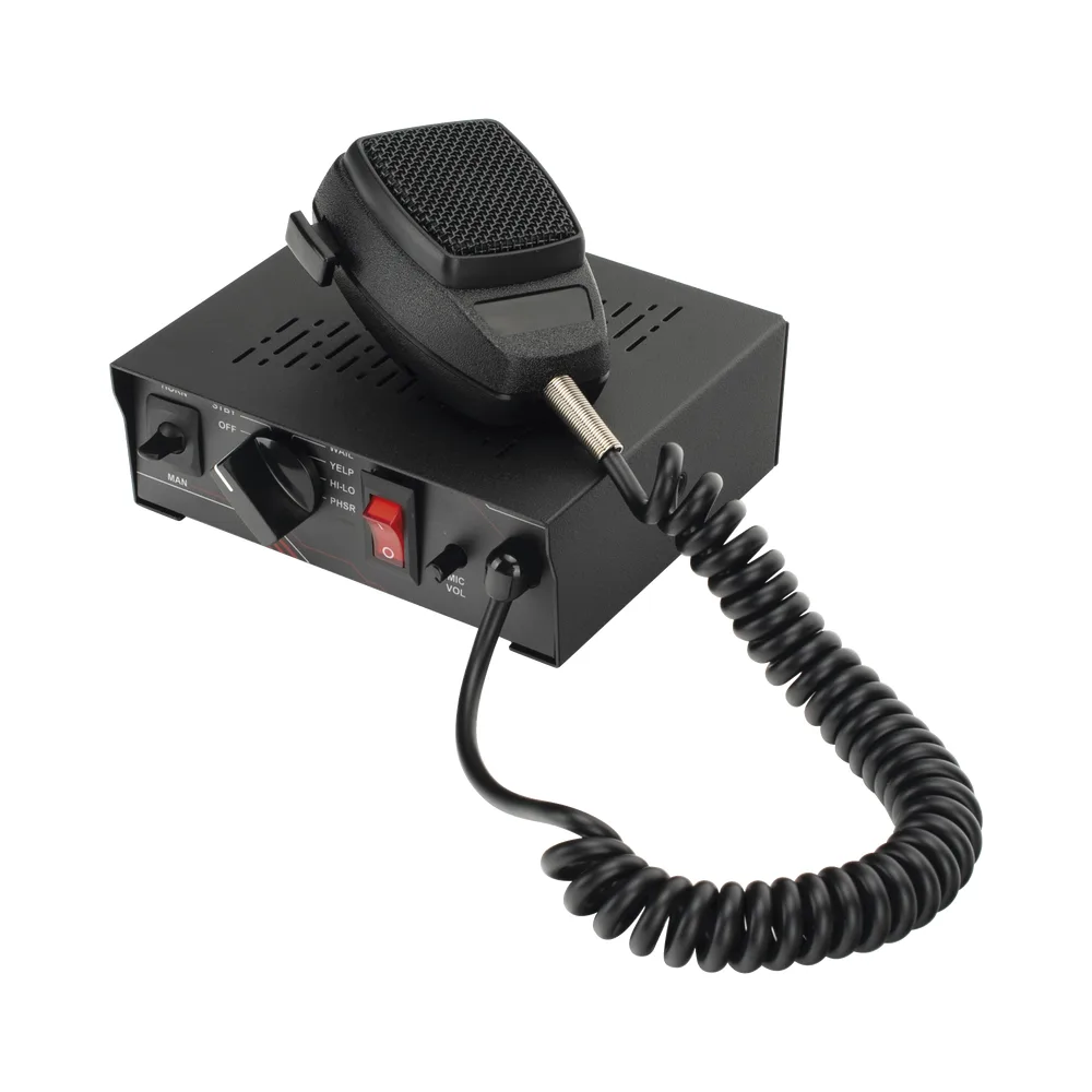 Sirena Vehicular de 100W de Potencia, Con Switch Giratorio de 6 posiciones y Micrófono Integrado de Uso Rudo