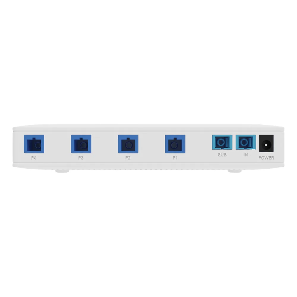 Splitter Activo 1x4 para Alimentación de 4 Dispositivos POF, 1 Puerto de cascadeo para continuidad, puertos SC/UPC – vista 2
