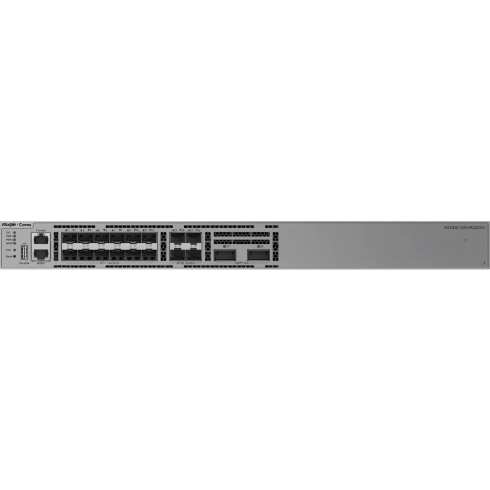 Switch 10G / 12 Puertos SFP+ 1G/2.5G/10G / 4 Puertos SFP28 10G/25G / 2 Puertos QSFP+ 40G / Capacidad 600 Gbps / Reenvío 446.4 Mpps / CPU Quad Core ARMv8 Cortex-A72 / 1 RU / Alimentación AC / Línea Cybrey – vista 2