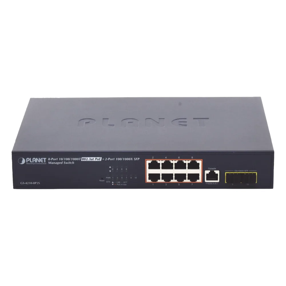 Switch Administrable Capa 2, 8 Puertos PoE 802.3af/at Gigabit, 140 W Max, 2 Puertos SFP, Modo Extendido Hasta 250 m, Soporta Administración en Nube CloudNMS ( HW Rev. 3.0 en Adelante).