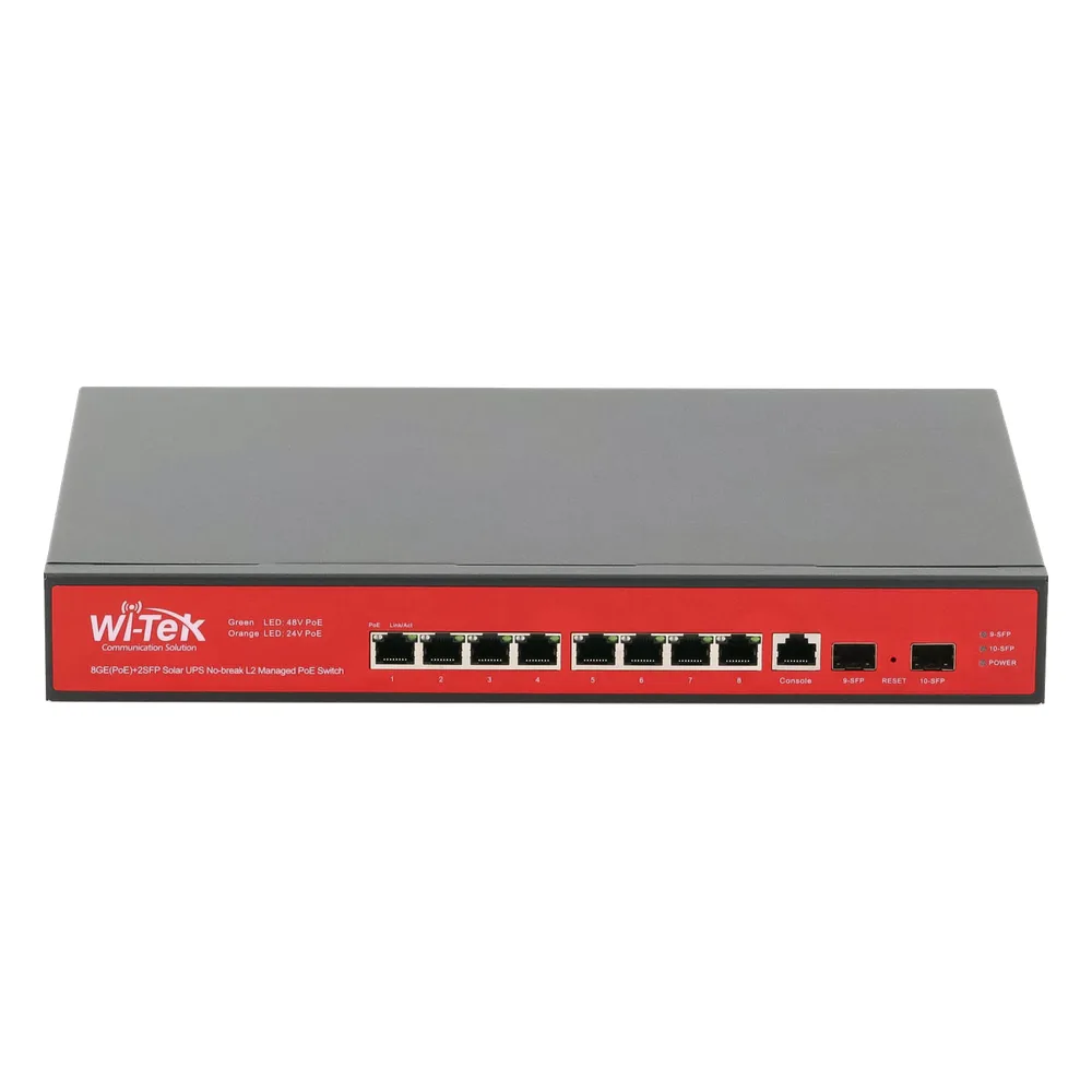 Switch Administrable Capa 2 de 8 puertos 10/100/1000 PoE af/at + 2 x SFP Gigabit, con respaldo para energía solar