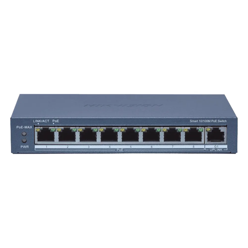 Switch Administrable PoE+ / 8 puertos 100 Mbps PoE+ / 1 puerto 1000 Mbps de Uplink / PoE hasta 300 Metros / Conexión Remota desde Hik-ParnerPro / 110 W