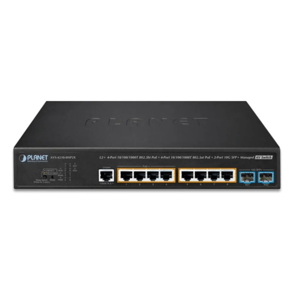 Switch AV Administrable Capa 2/ Compatible con Dante / 4 Puertos Gigabit PoE++ 802.3bt 95W + 4 Puertos Gigabit PoE+ 802.3at 32W + 2 Puertos 10G SFP+ / Presupuesto PoE 240W / Dual UI Pro AV y Standard / Compatibilidad Dante y NDI / Fanless / VLAN Routing I – vista 2