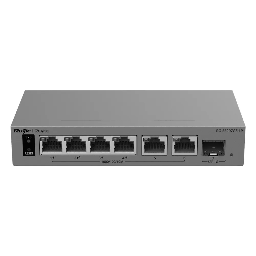 Switch Capa 2 Smart Cloud Managed / 7 Puertos Gigabit / 2 PoE++ 802.3bt + 2 PoE+ 802.3at / 1 Puerto SFP 1GE / Presupuesto PoE 120 W / Protección contra Sobretensiones 6 kV / PoE Permanente / Gestión en la Nube Ruijie Cloud / Gabinete Met&amp