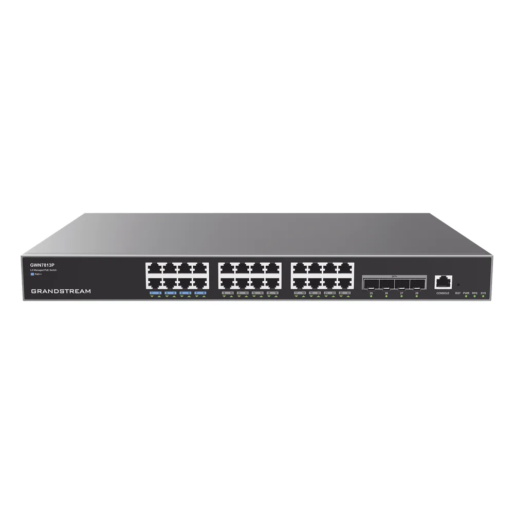 Switch Capa 3 PoE+ Administrable / 24 puertos 10/100/1000 Mbps + 4 Puertos SFP+ de 10 Gigabits / Hasta 360W / Compatible con GWN Cloud.