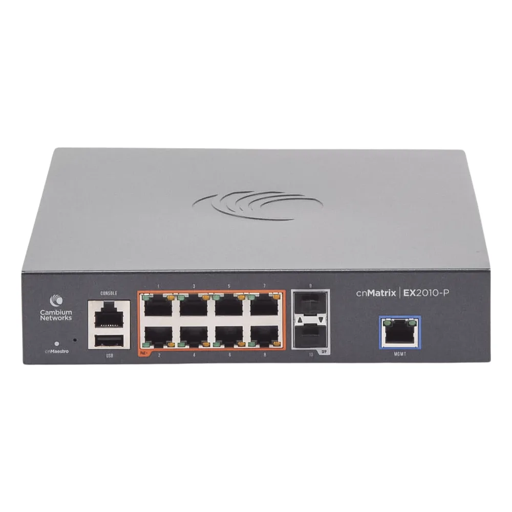 Switch cnMatrix EX2010-P capa 3 de 10 puertos(8 PoE Gigabit 802.3af/at, 2 SFP, 1 consola, 1 MNGMT, 1 USB)  administración cnMaestro On-Premises (MX-EX2010PXA-U) – vista 2