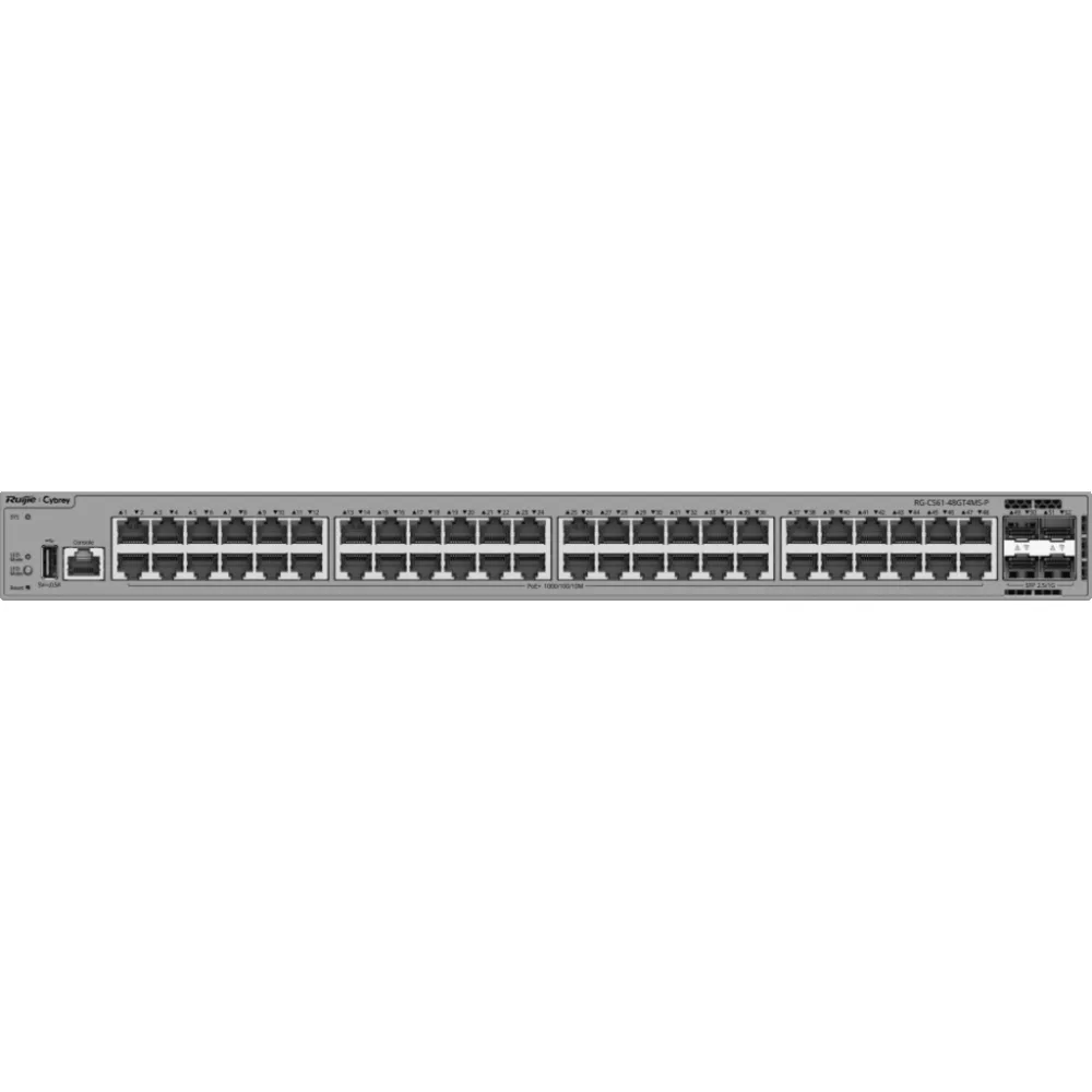 Switch de Acceso Capa 3 / 48 Puertos Gigabit PoE+ / 4 Puertos SFP 2.5GE Uplink / 116 Gbps / 86.304 Mpps / PoE 370W / VSU / Protección contra Sobretensiones 10 kV / Ventiladores Redundantes / Línea Cybrey – vista 2