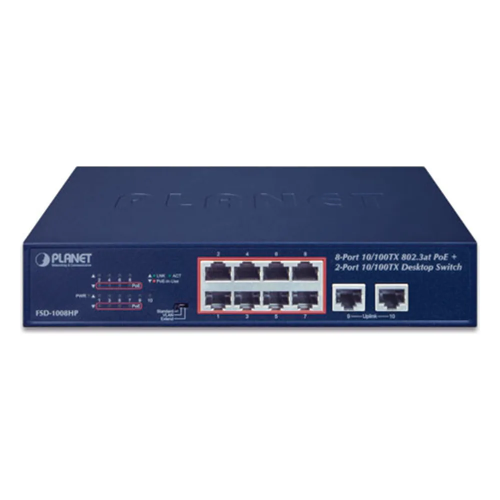 Switch de Escritorio de 8 Puertos 10/100TX 802.3at PoE+ / 2 Puertos 10/100TX / 120W PoE Budget / Modos Standard, VLAN y Extendido / Distancia Extendida Hasta 250m – vista 2
